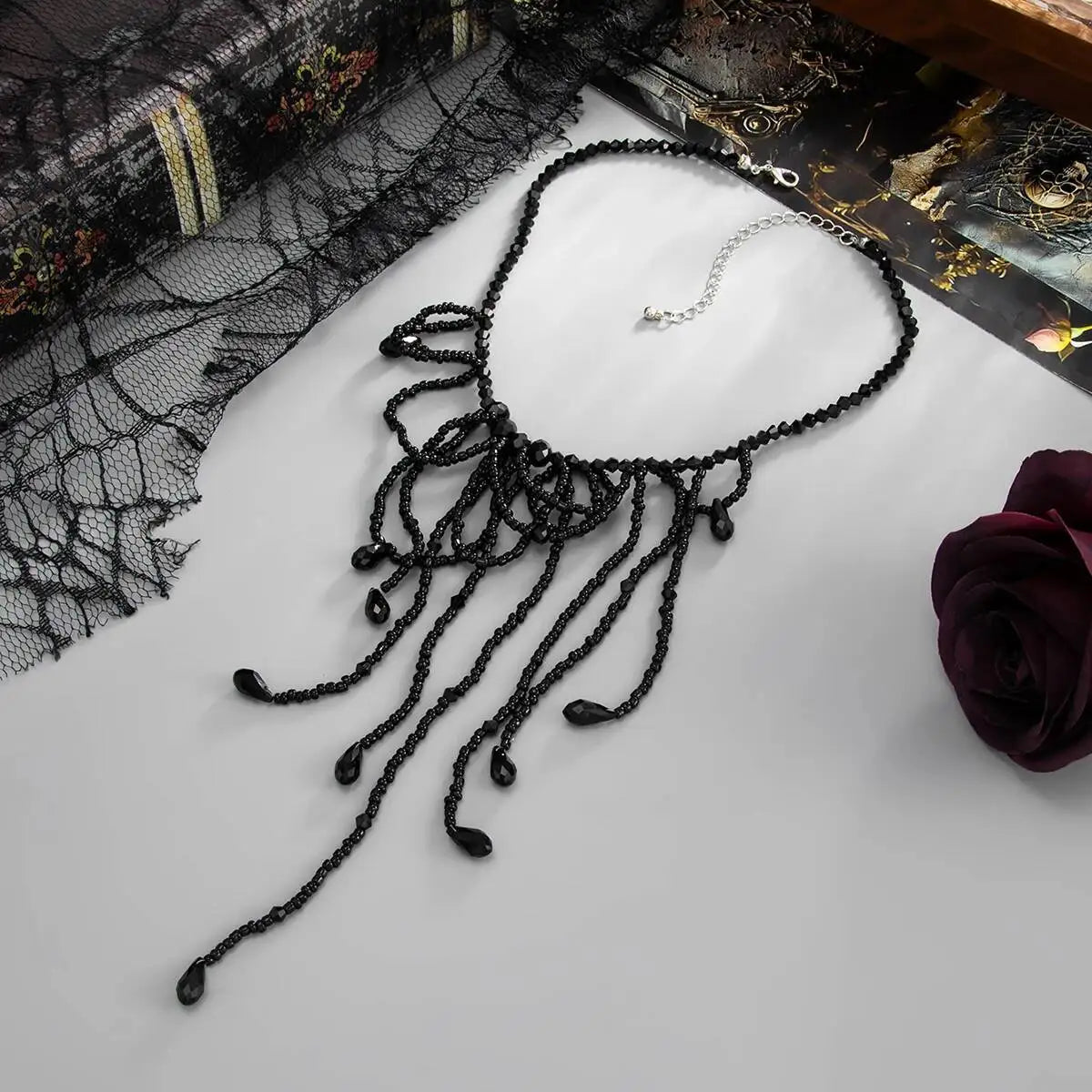 Women's Neo-Gothic Black Red Crystal Beaded Tassel Pendant Necklace Vintage Halloween Party Jewelry Accessory