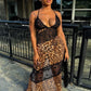 Mesh Patchwork Mermaid Dress Women Leopard Print Sexy Low-Neck Cleavage Backless Ruched Midnight Fashion Long Bodycon