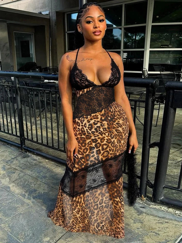 Mesh Patchwork Mermaid Dress Women Leopard Print Sexy Low-Neck Cleavage Backless Ruched Midnight Fashion Long Bodycon