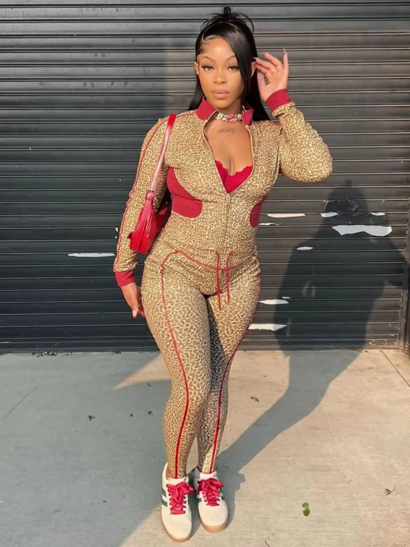 Patchwork 2 Piece Set Women Tracksuit Leopard Print  Crop Jacket+Leggings Matching Casual Activity Stretch Streetwear