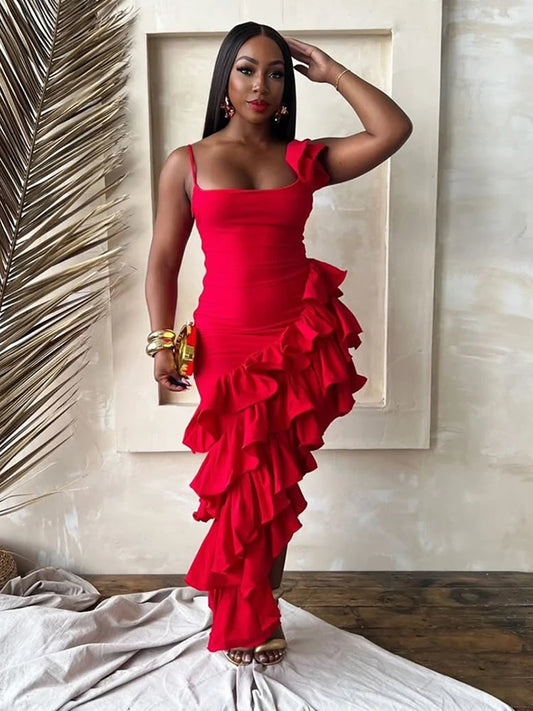 Y2K Irregular Tierred Dress Women Elegant Adjustable Strap Tight Stretch Summer Trend Clubwear Patchwork Hem Vestidos