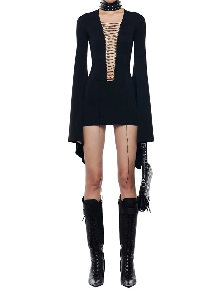 Coquette Shirring Dress Women Sexy Bell Sleeve Deep V-Neck Stretch Skinny Midnight Party Clubwear Y2K Hottie Bodycon