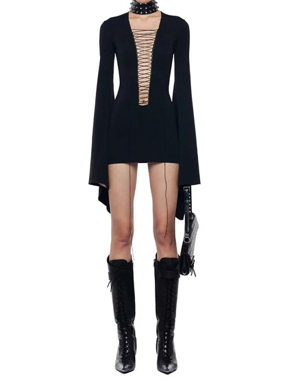 Coquette Shirring Dress Women Sexy Bell Sleeve Deep V-Neck Stretch Skinny Midnight Party Clubwear Y2K Hottie Bodycon