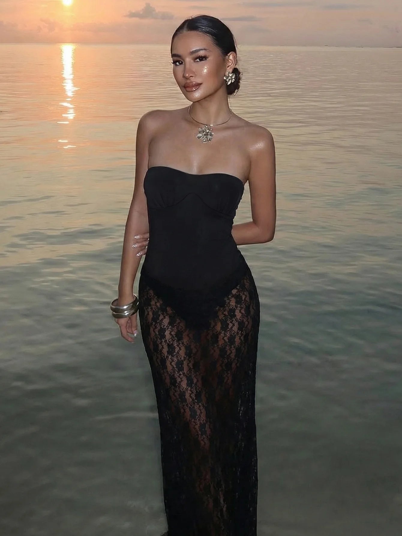 Strapless Bodysuit Detail Maxi Dress in Sheer Lace Black Elegant Dresses for Woman Summer Vacation Outfits
