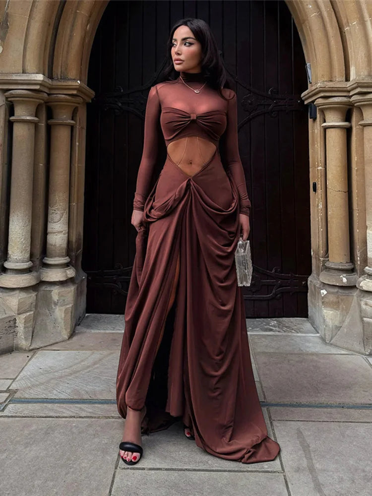 Wrap Knot Dress Women Sexy Patchwork Mesh Chic Hollow Full Sleeve Split Fall Hipster Elegant Birthday Party Vestidos