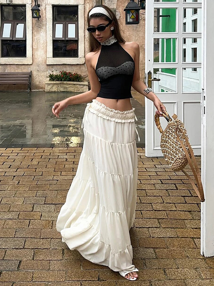 Sexy Mesh Halter Tank Top Women Patchwork Polka Dots Lace-Up Chest Wrapped Backless Street Stretch Skinny Clubwear