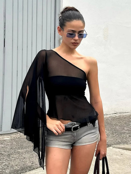 Midnight Skew Collar t-Shirt Women One Flare Sleeve Split Patchwork Mesh Sexy High Street Skinny Chic Fashion Clubwear