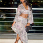 Sexy Air Print 2 Piece Set Women Fashion Deep V-Neck Full Sleeve Crop T-Shirt+Irregular Hem Skirt Trend Party Suits