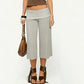 Womens Fold Over Lounge Capri Pants Striped Low Rise Wide Leg Gaucho Pants Yoga Culottes Casual Foldover Bottoms