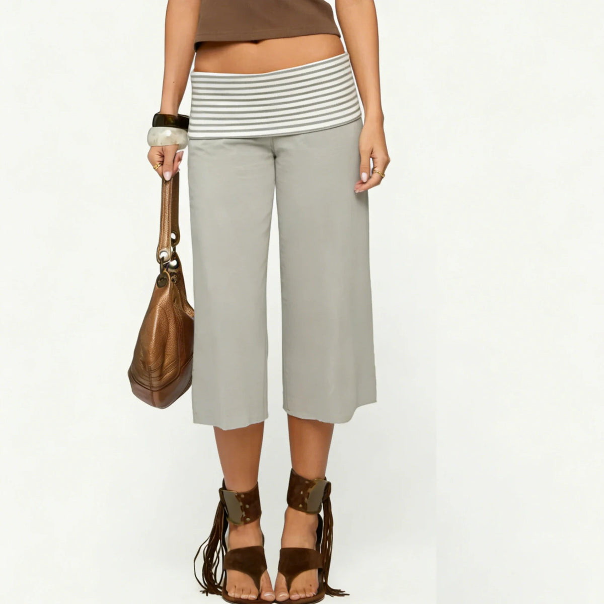 Womens Fold Over Lounge Capri Pants Striped Low Rise Wide Leg Gaucho Pants Yoga Culottes Casual Foldover Bottoms