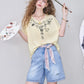 Cute Cartoon Doodle Print Striped T-Shirt, Crew Neck Oversized Casual Tee, Sweet Loose Top for Women