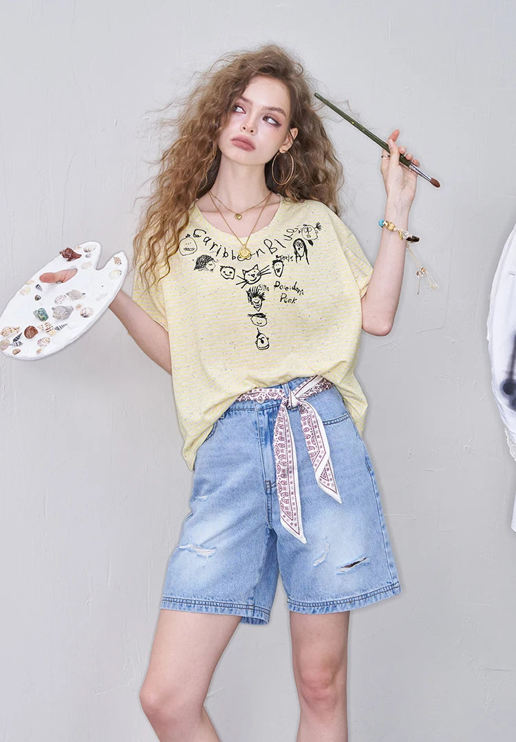 Cute Cartoon Doodle Print Striped T-Shirt, Crew Neck Oversized Casual Tee, Sweet Loose Top for Women