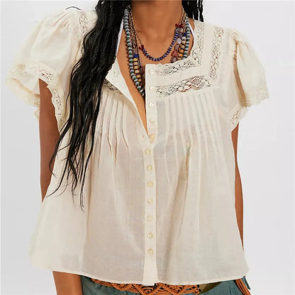 Women Boho Square Neck Lace Blouse Puff Short Sleeve Button Front Pleated Loose Cropped Shirt Vintage Cottage Summer Top