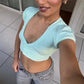 Summer Women Deep V Neck Puff Sleeve Crop Top Button Front Slim Fit Short Cropped T Shirt Casual Solid Streetwear Blouse