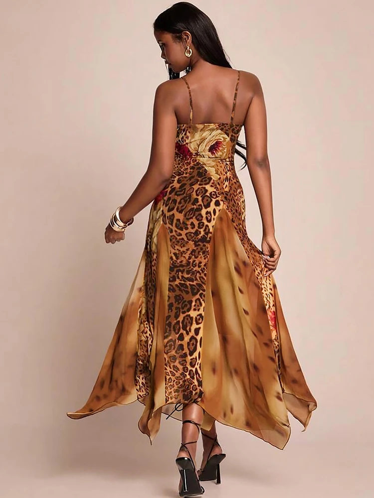 Patchwork Colorful Leopard Print Dress Women Fashion Hottie Irregular Hem Low-Neck Trend Wild Vacation Party Clubwear