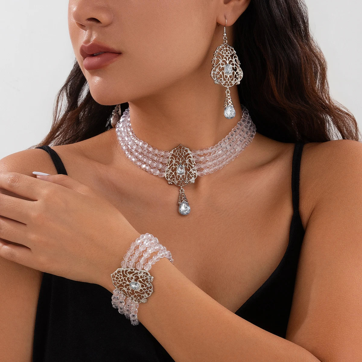 Goth Multilayer Crystal Chain Necklace Bracelet Drop Earrings for Women Temperament Jewelry Set Halloween Accessories