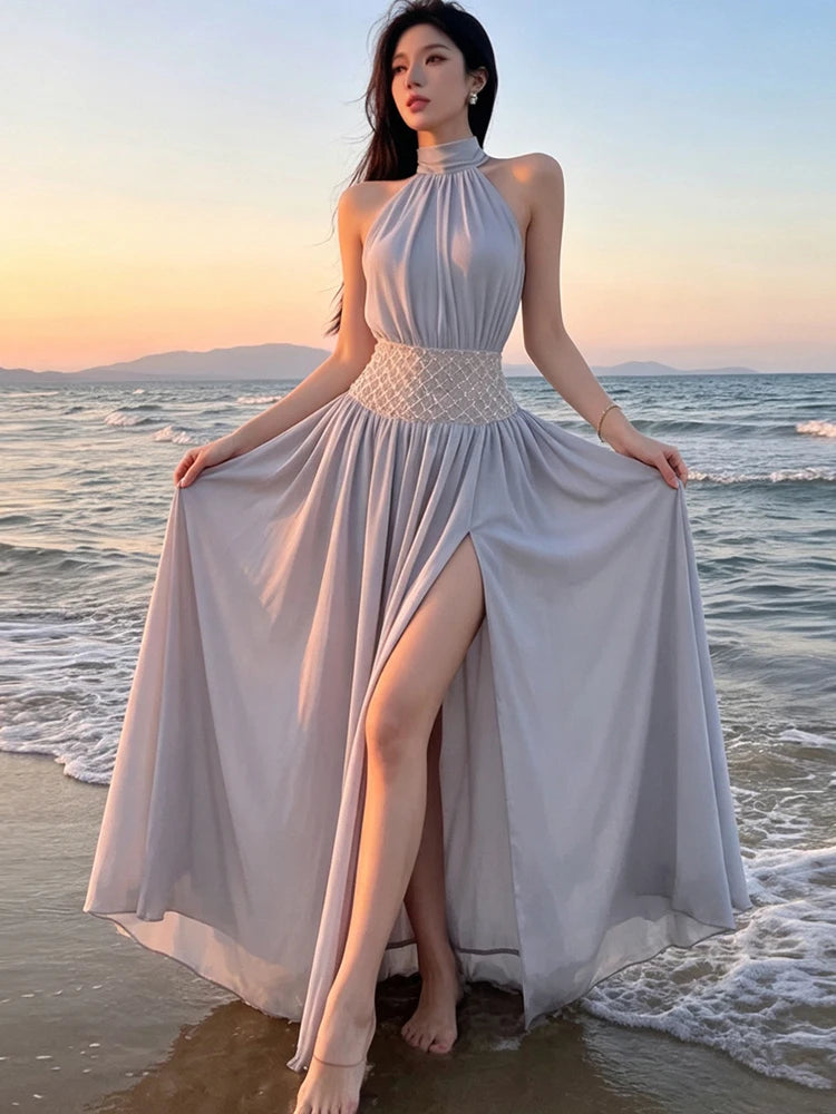 Beads Sequins Patchwork Dress Women Elegant Halter Ruched Sleeveless Split Fashion Beach Evening Party Club Bodycon