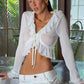 Flared Sleeve Sexy See Through T-Shirts Woman Autumn Trend Ruffles Edge Design V-Neck Navel Exposed Ruched Elegant Tops