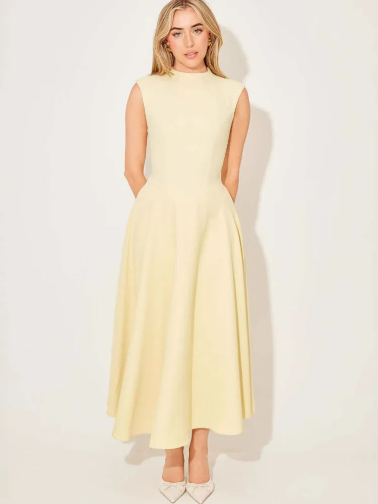 Sleeveless High Waist Sexy Midi Dress For Women Fashion Elegant Solid Pleated Club Party Long Dresses Female New