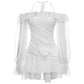 Elegant Sexy Dress Women Autumn Trend Lace-Up Ruffles Stretch Halter Mesh Flared Sleeves Pleated Hem Wedding Bodycon