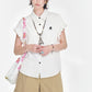 Solid White Collared Shirt, Embroidered Short Sleeve Blouse, Preppy Necktie Decor Casual Top for Women