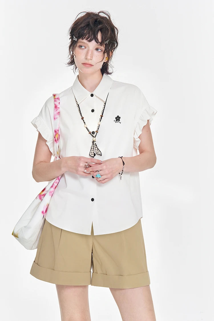 Solid White Collared Shirt, Embroidered Short Sleeve Blouse, Preppy Necktie Decor Casual Top for Women