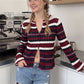 Women Round Neck Striped Ribbed Knit Sweater Flare Sleeve Button Front Slim Fit Cropped Cardigan Street Casual Outerwear