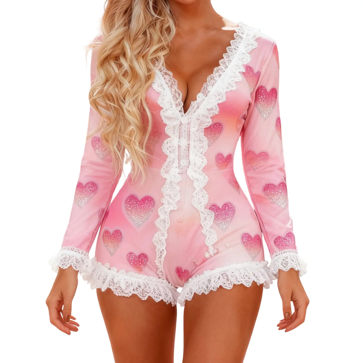 Sexy Women's Valentine's Day Pajamas Shorts Romper Long Sleeve V Neck Lace Trim Heart Print Jumpsuit Sleepwear