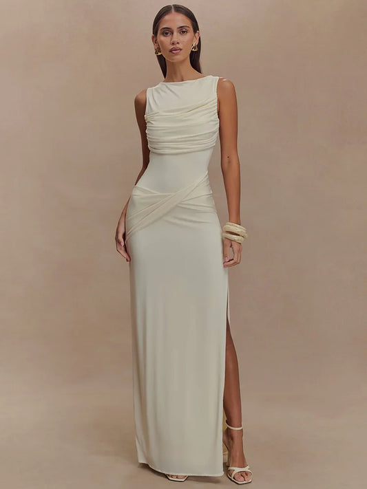 Backless Ruched Sexy Maxi Tank Dress Women Gown Summer New O Neck Thigh High Split Bodycon Elegant Long Dress Fashion