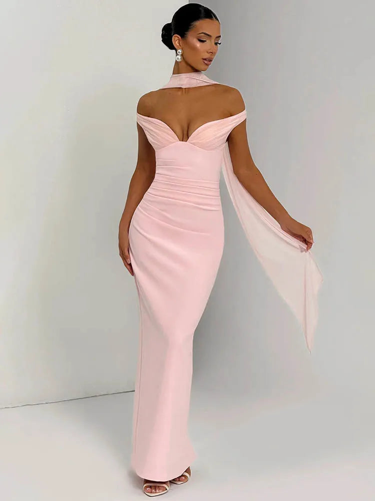 Scarf Collar Off-shoulder Sexy Maxi Dress Women Gown Fashion With Sleeve Strapless Backless Club Party Long Dresses