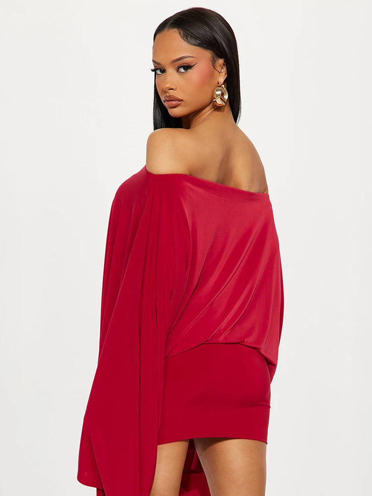 Sexy Slash Neck 2-Piece Set Women Big Flare Sleeve Top+Peach Hip Skirt Matching Stretch Skinny Elegant Street Outfits