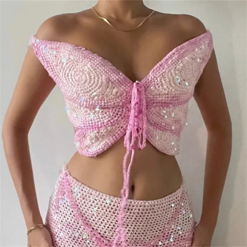 Women's Butterfly Shape Sequin Crochet Crop Top Sexy Off Shoulder Backless Tie Up Knit Top Y2K Rave Festival Outfit