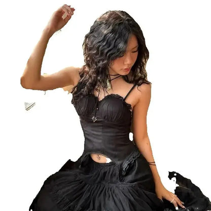 Patchwork Lace Camisole Women Y2K Strapless Fungus Edge Irregular Hem Tassel Skinny Backless Summer Sexy Classic Tops