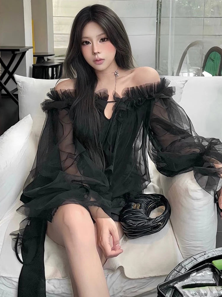 Sexy Mesh Dress Women Slash Neck Edible Tree Fungus Patchwork Bandage Hollow Ribbon Midnight Street Party Clubwear