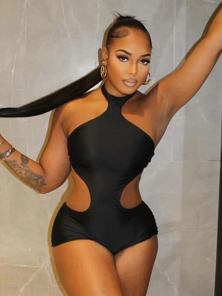 Sexy Thick Romper Women Sexy Hollow Irregular Tight Midnight Club Hipster Stretch Halter Backless Activity Playsuit