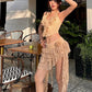 Summer 2 Piece Set Women Y2K Trend Chic Lace-Up Low-Neck Tierred Lace Collarmini Tops+Tassel Skirt Irregular Hem Suit