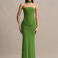 Women Strapless Mermaid Sexy Maxi Dress Detachable Choker Neck Tie Ruched Waist Bodycon Long Evening Party Dress