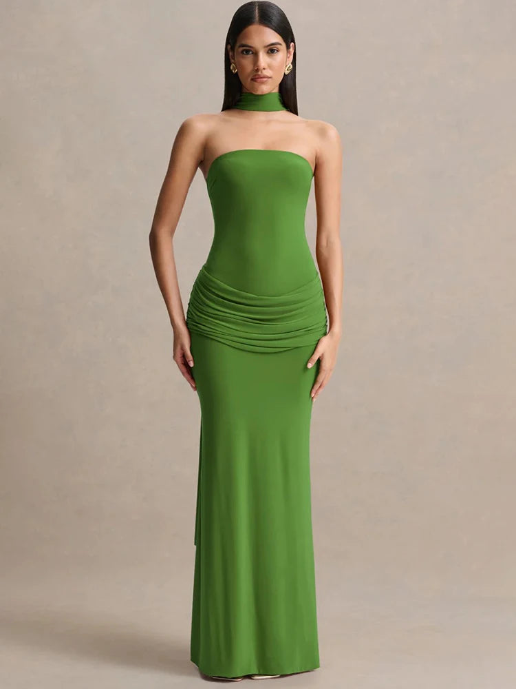 Women Strapless Mermaid Sexy Maxi Dress Detachable Choker Neck Tie Ruched Waist Bodycon Long Evening Party Dress
