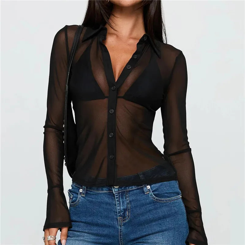 Sheer Button Down Shirts for Women See Through Mesh Long Sleeve Button Up Blouse Shirt Sexy Going Out Tops Streetwear