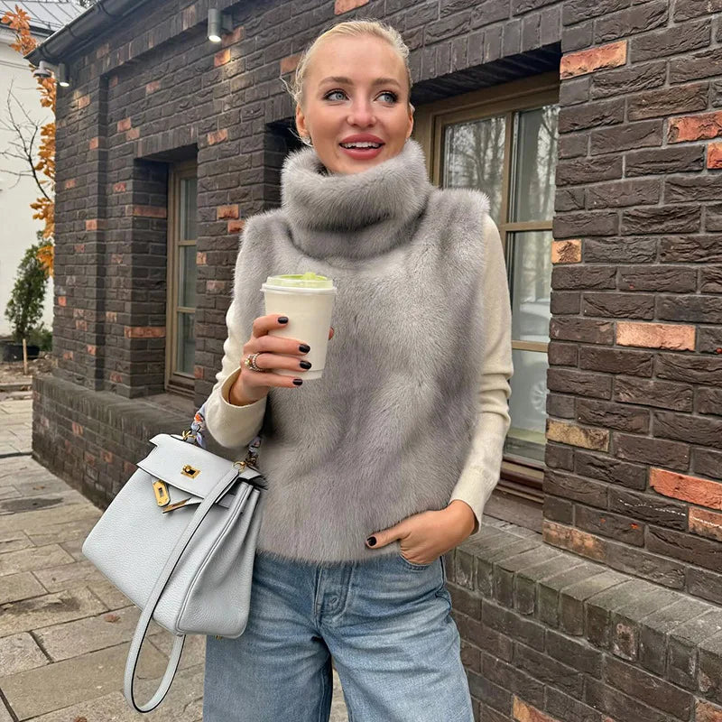 Woman Vests Luxury Faux Fur Warm Fluffy Turtleneck Buckle-down Sleeveless Top Coat Jacket Winter Clothes