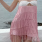 Backless Tassels Dress Women Patchwork Hollow Folds Sleeveless Summer Sweet Fashion Beach Party Midnight Mini Bodycon