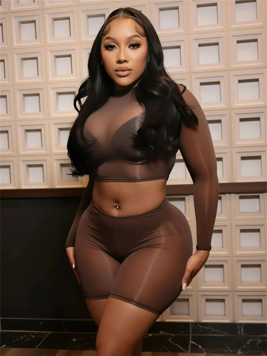 Wild See Through 2 Piece Set Women Sexy Turtleneck Full Sleeve Crop T-Shirt+Bike Shorts Midnight Street Club Suits