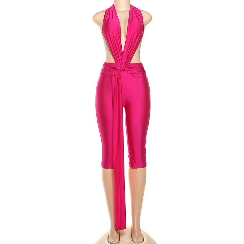 Sexy Women Bodycon Jumpsuit Solid Color Sleeveless Deep V Halter Neck Backless Bodysuit Midnight Activity Slim Playsuits