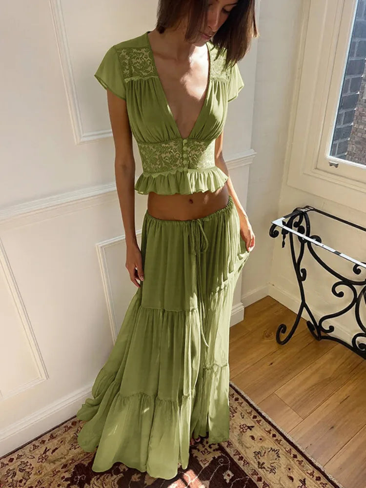 Elegant Chiffon Two Piece Set Women V Neck Short Sleeve Crop Top Maxi Skirt Matching Sets Female Club Party Dress Set