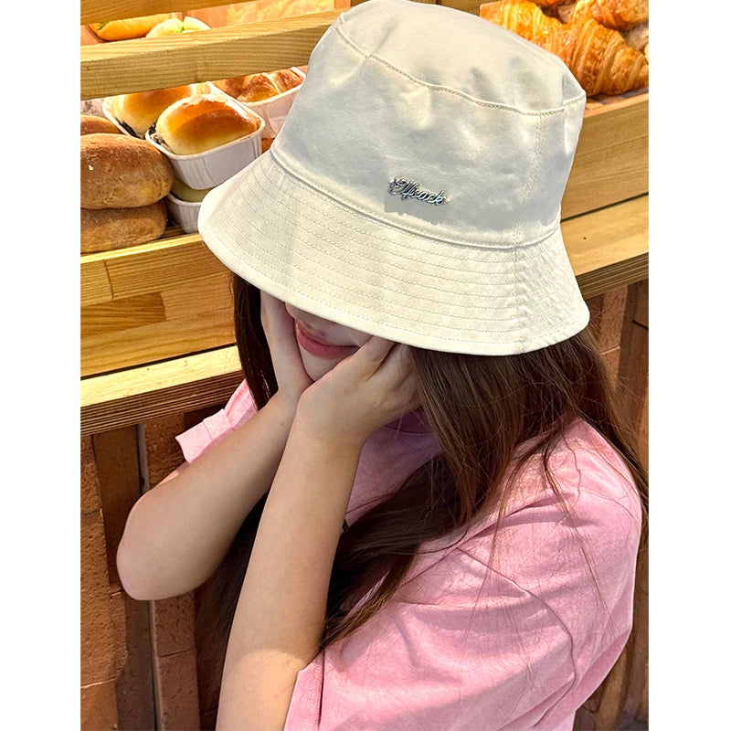 Reversible Pink Plaid & Beige Bucket Hat with Metal Logo for Women