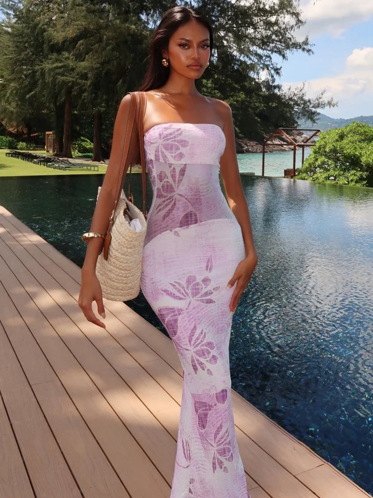 Purple Floral Print Party Dresses for Wedding Guest Strapless Backless Maxi Dress Elegant Woman Clothes