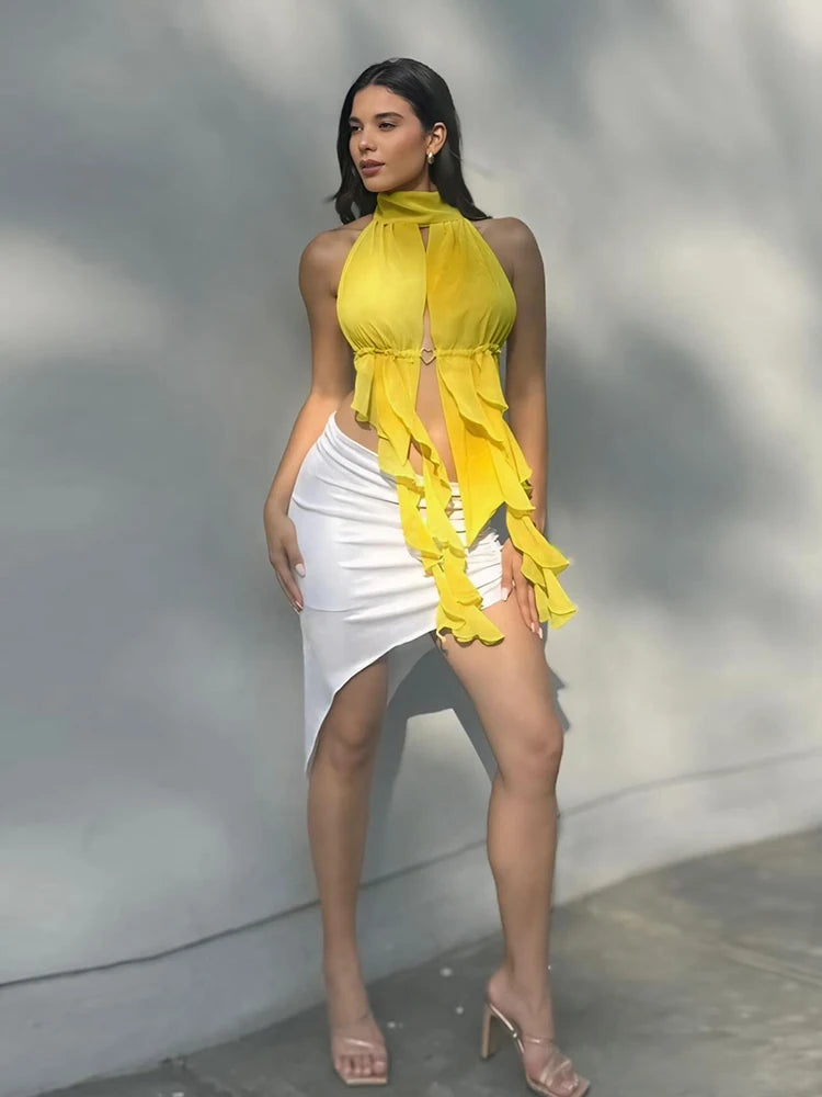 Sexy Tank Tops Women Tassel Irregular Hem Halter Lace-Up Love Metal Ring Skinny Backless Sleeveless Midnight Camisole