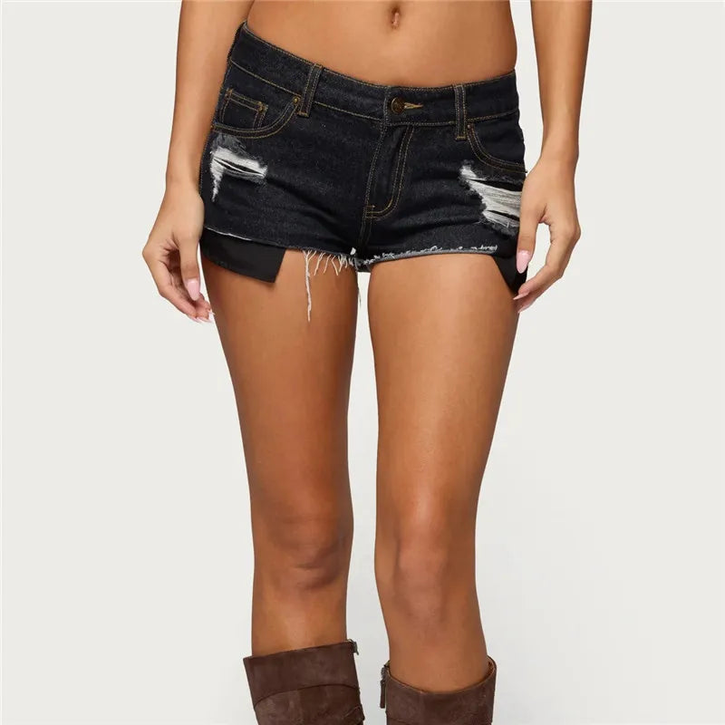Womens Low Waist Distressed Denim Shorts Frayed Raw Hem Ripped Jeans Shorts with Inner Layer Casual Streetwear Hot Pants