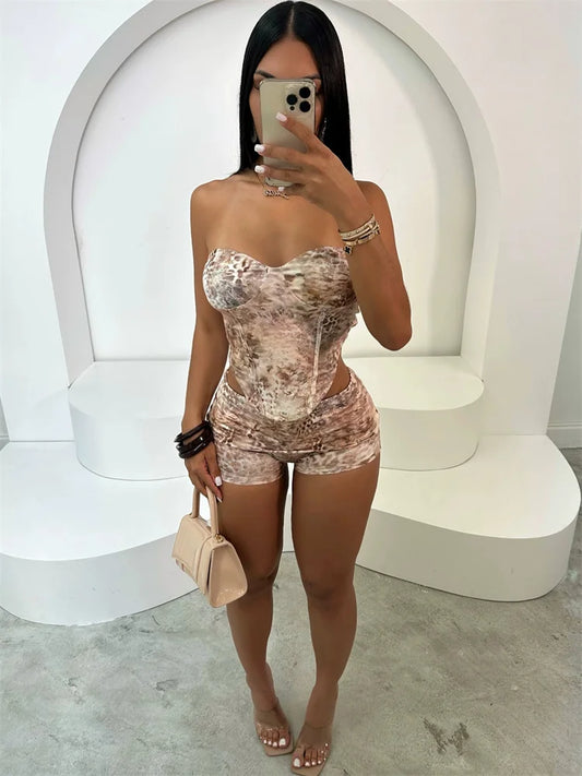 Leopard Print 2 Piece Set Women Matching Summer Strapless Crop Tanks+Stacked Skinny Shorts Female Hipster Streetwear