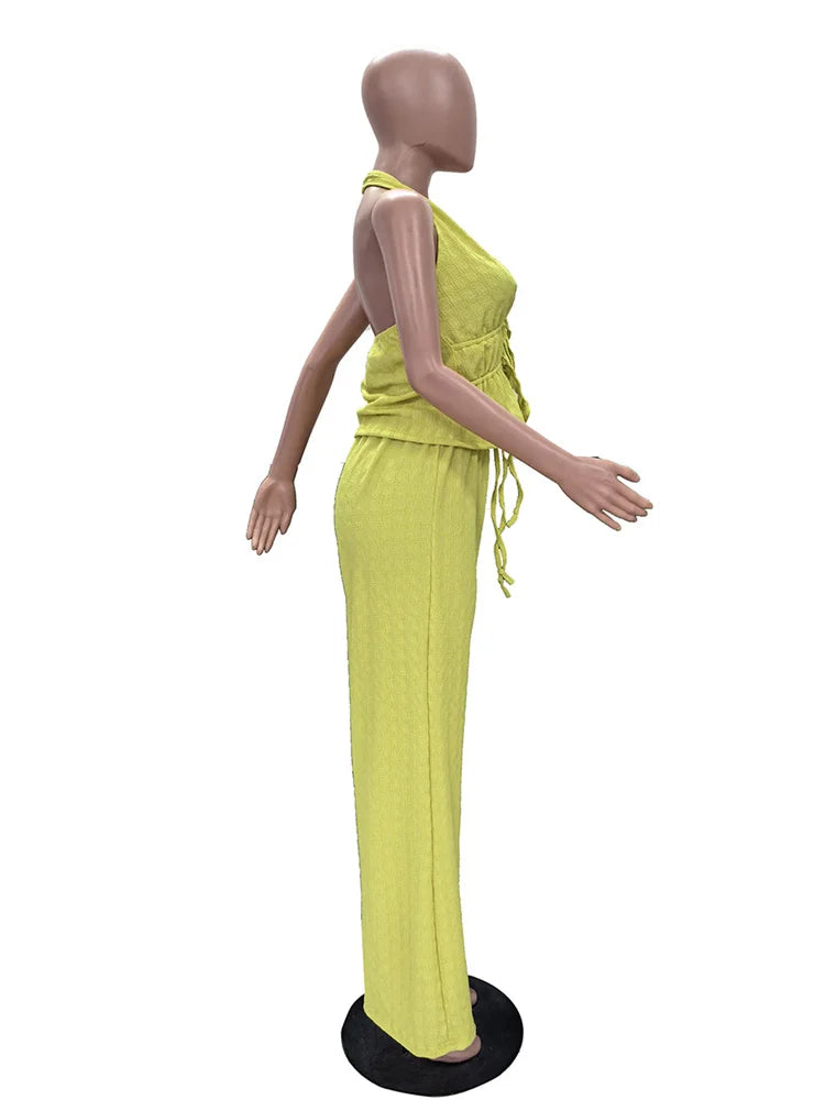2 Piece Set Woman Jacquard Patchwork Halter Low-Neck Bandage Decoration Backless Tank Tops+Straight Pant Street Suits